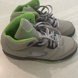 Grey and green, size 3y, air jordan 5 retros, worn once around the house.